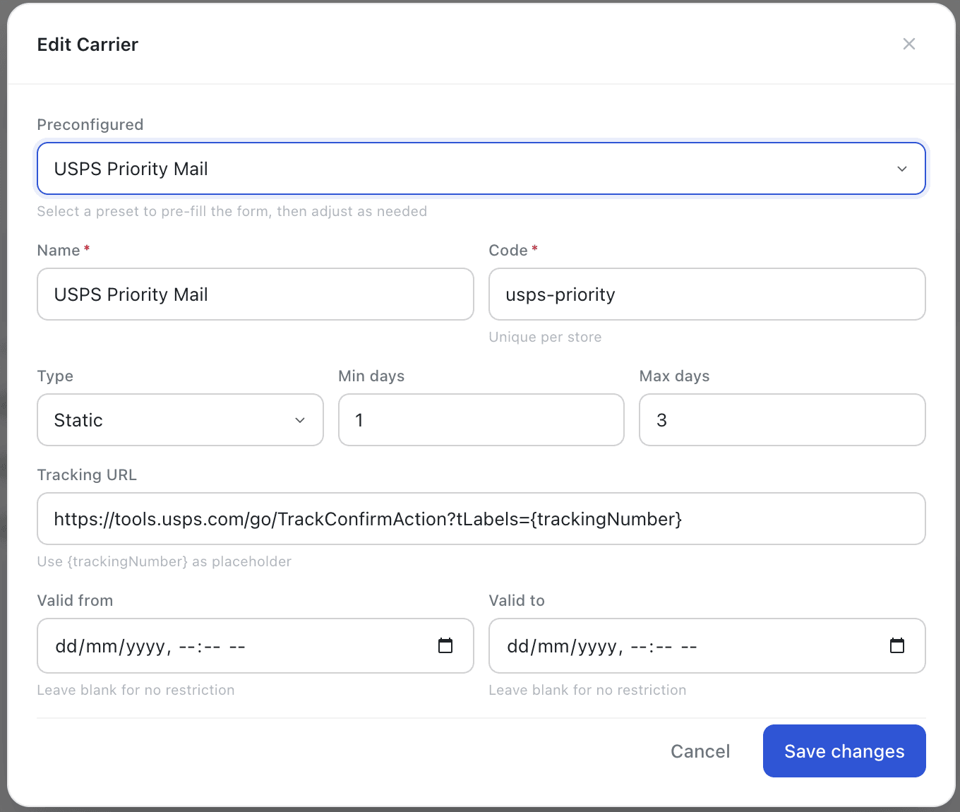 Carrier edit form — minDeliveryDays and maxDeliveryDays fields