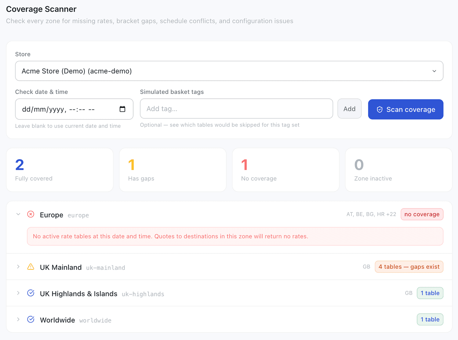 Coverage Scanner — zone list with status badges: Covered, Warning, No coverage, Inactive