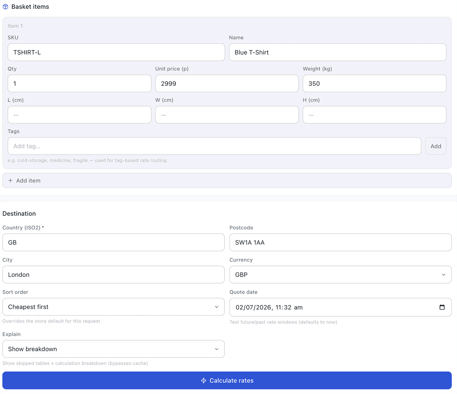 Quote Testing tool — form with destination, cart items, tags, and rate response panel