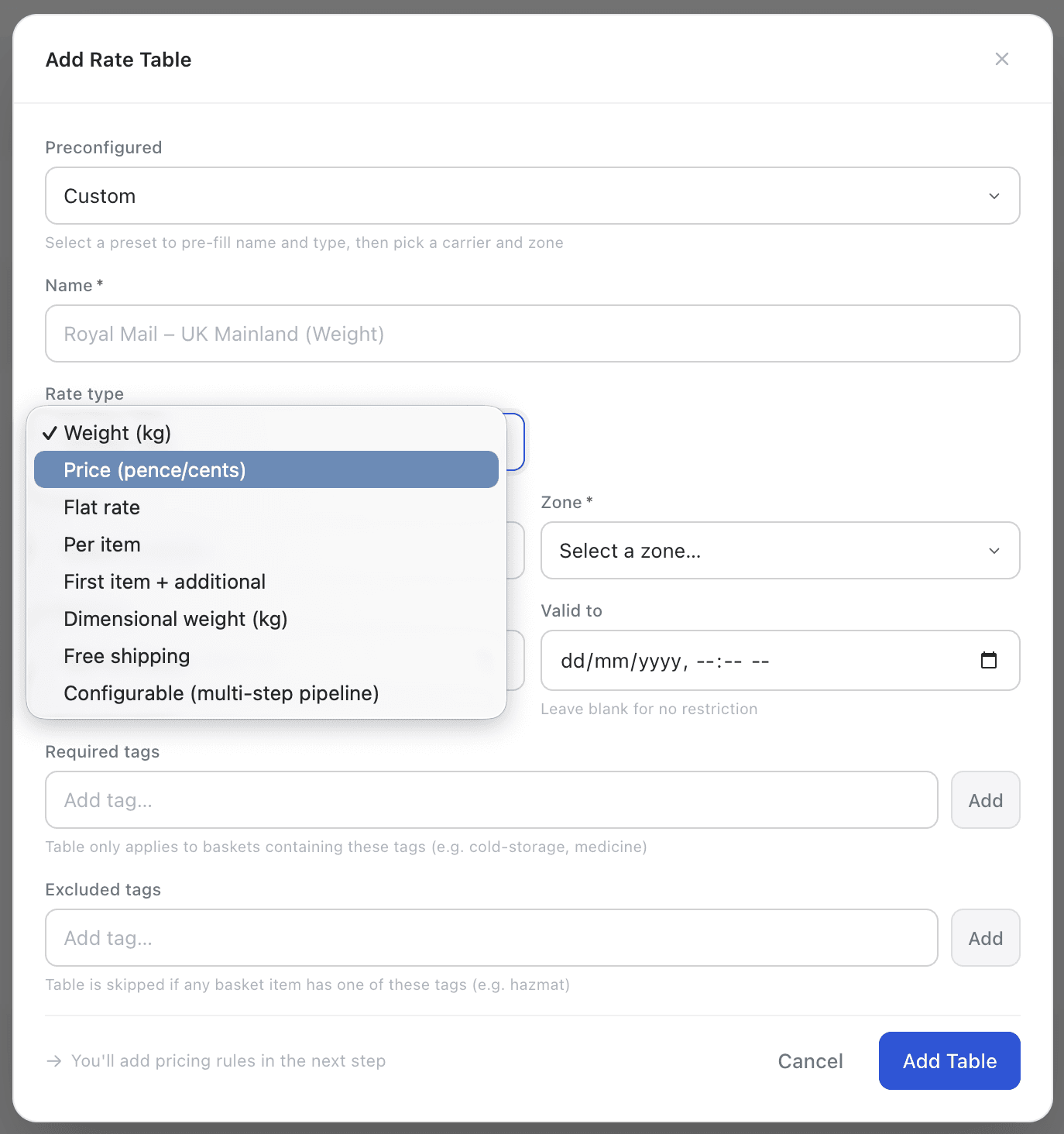 Rate table edit form — weight bracket configuration