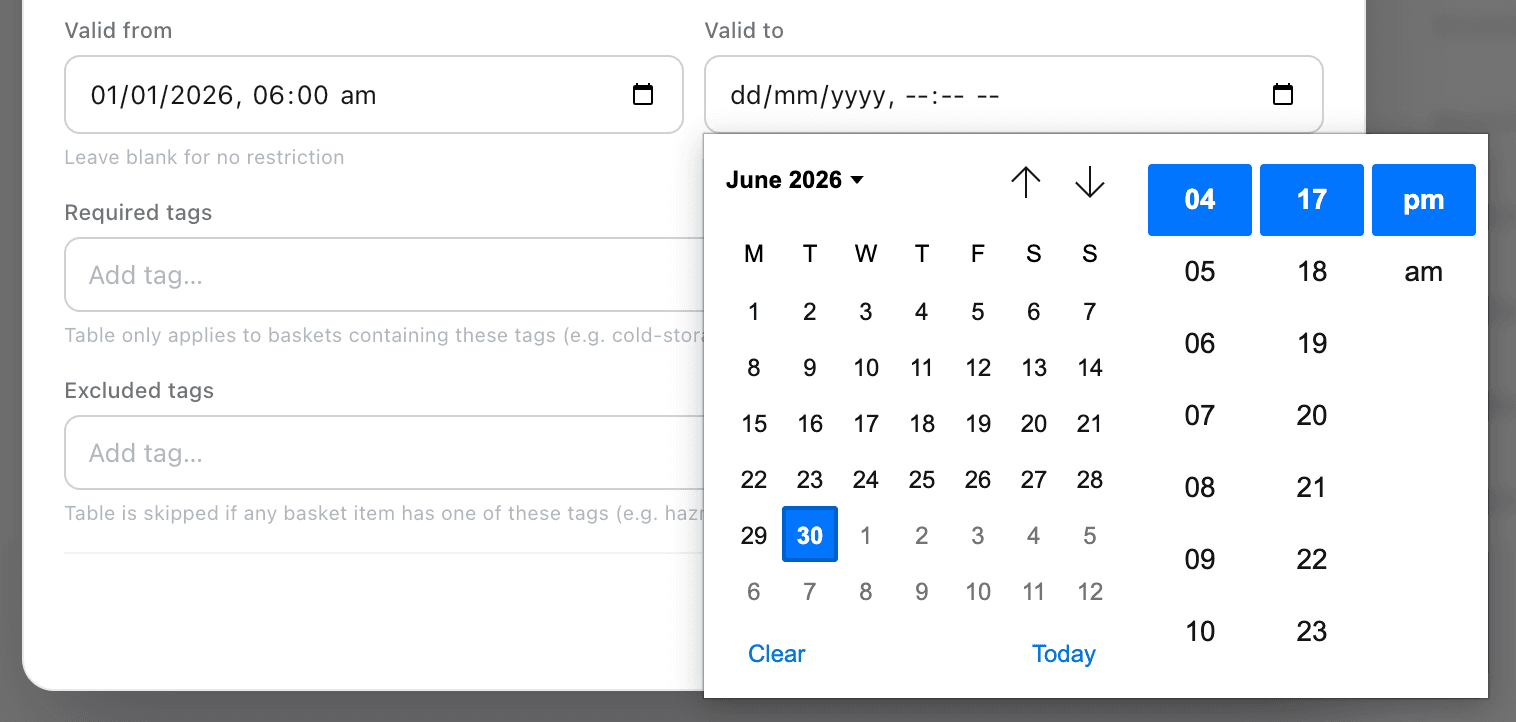 Rate table edit form — validFrom and validTo date/time pickers