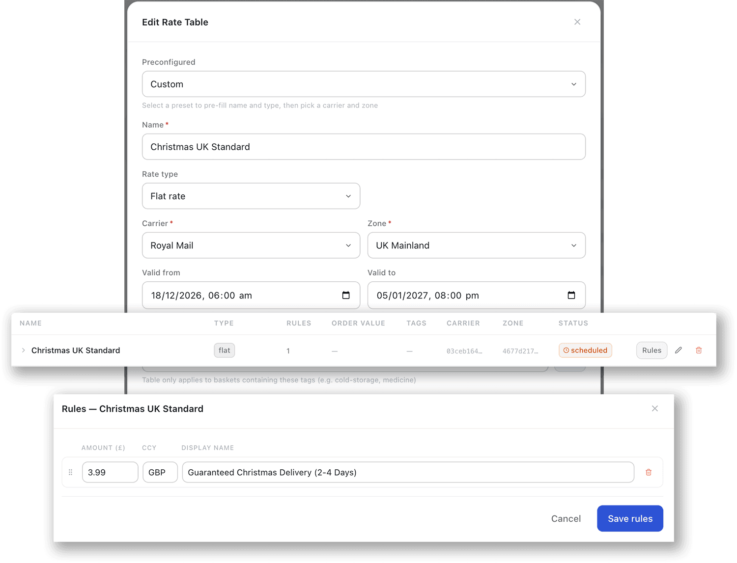 Rate tables list — standard and Christmas tables side by side with schedule window badges