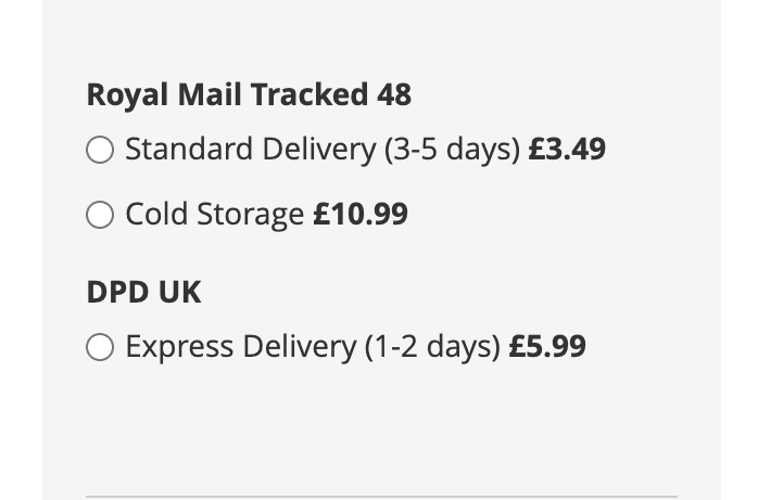 Checkout showing two carriers with delivery day ranges displayed